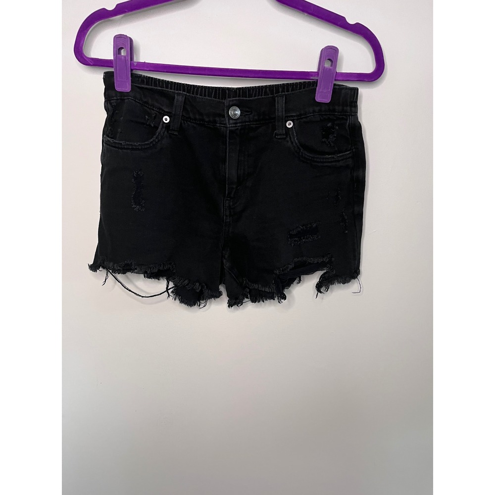 Aerie Womens Black Distressed Denim Shorts High Waisted Frayed Hem Size S